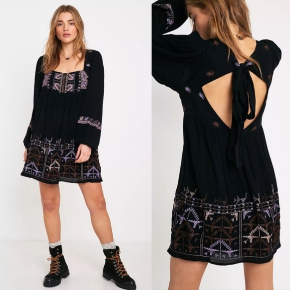 Free People Embroidered Long Sleeve Flowy Babydoll Mini Dress - Picture 8 of 8